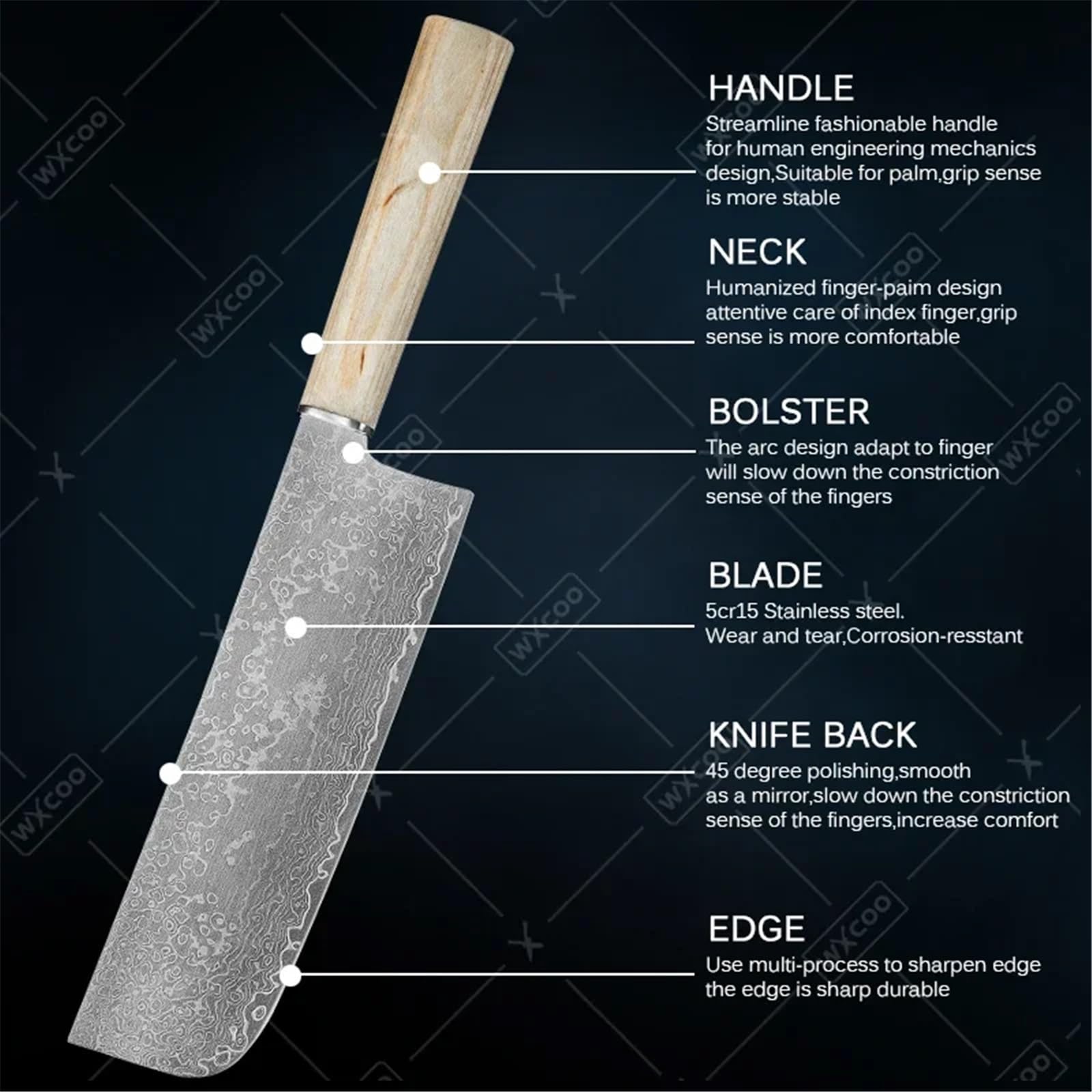 Set di coltelli da cucina ad alto tenore di carbonio, coltelli da chef giapponesi forgiati, coltello da disosso in acciaio di Damasco, mannaia affilata, pelapatate(1PC-A)