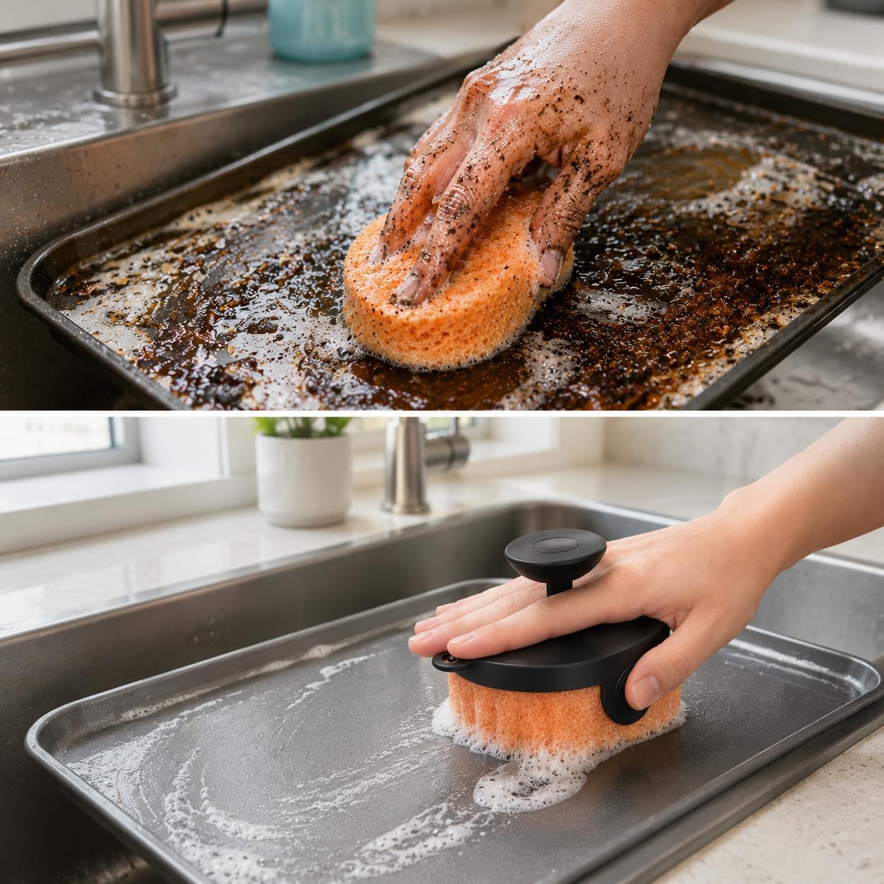 Smiley Sponge Holder for Kitchen Sink, Magnetic Kitchen Sink Sponge Holder, Easy to Remove & Clean, Auto Draining to Keep Dry, Dish Sponge Organizer for Sink Side, Countertop, RV, Apartment, Black