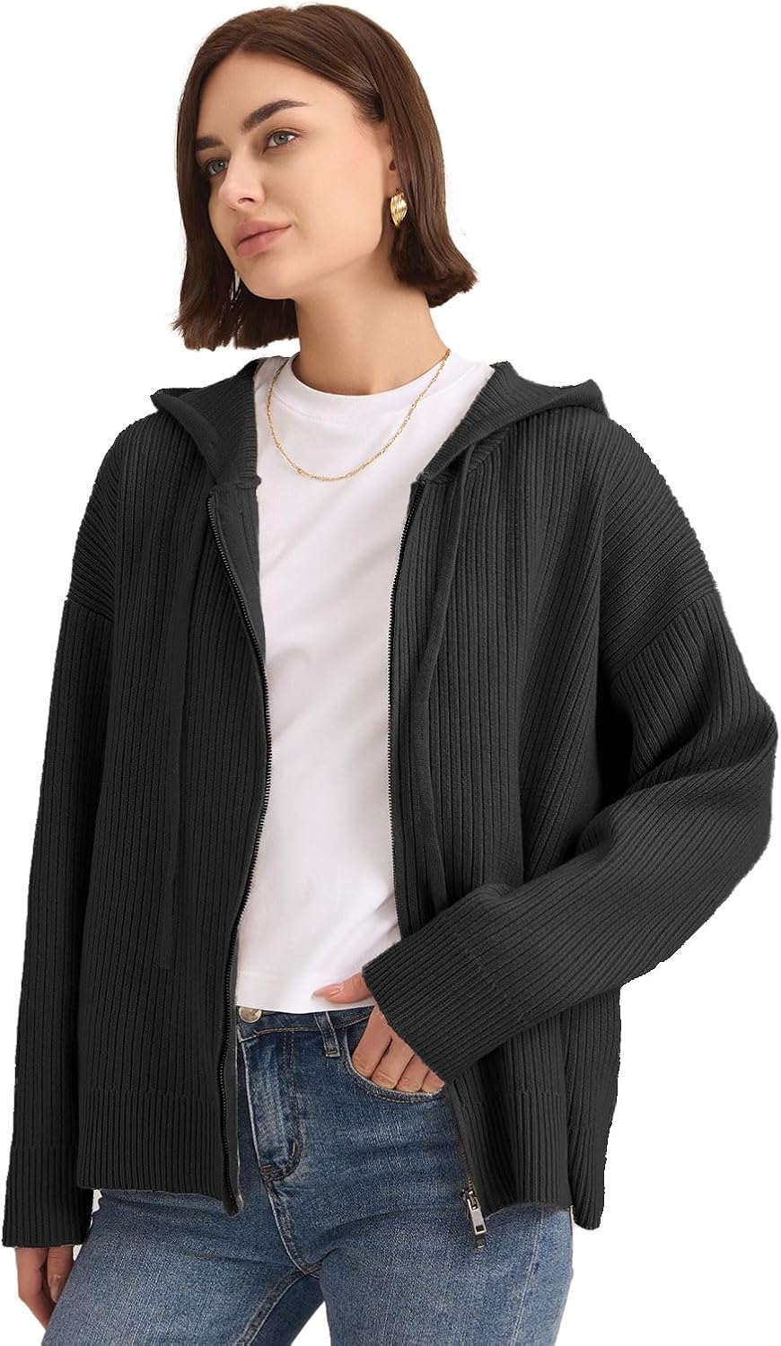 Cardigan Sweaters for Women with Zip Up Hoodie Long Sleeve Drawstring Chunky and Oversized Cardigan - Image 2