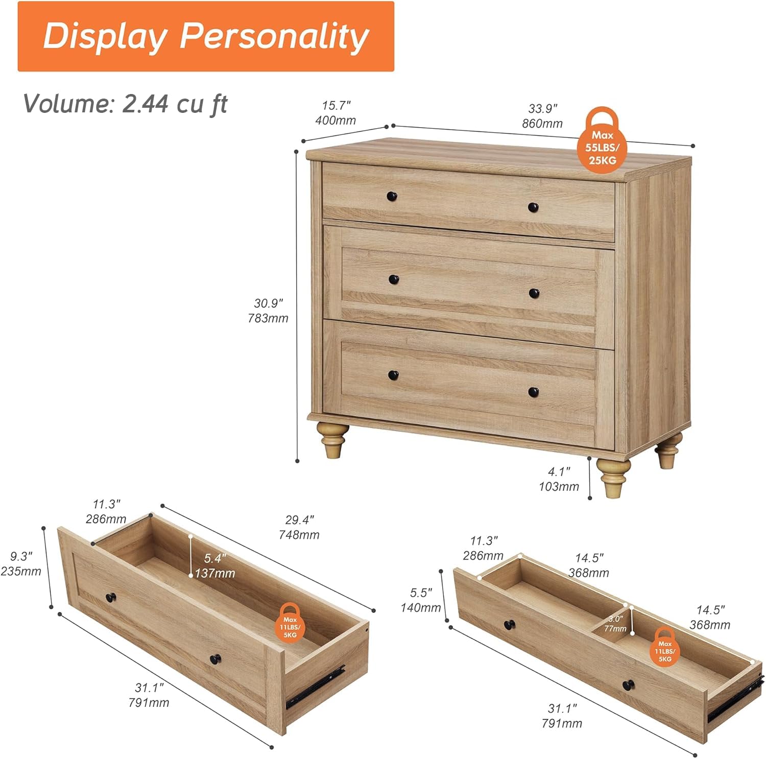 Condition photo showing New/Like New for wampat dresser for bedroom with 3 drawers, oak kids dressers with wide chest of drawers, mid century modern wooden closet storage organizer, small dressers for nursery, hallway, living room
