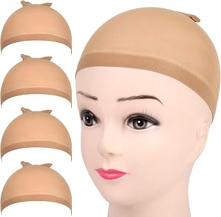 FANDAMEI 4 Pack Light Brown Stretchy Nylon Wig Caps - Breathable Stocking Caps for Women, One Size Fits Most Heads