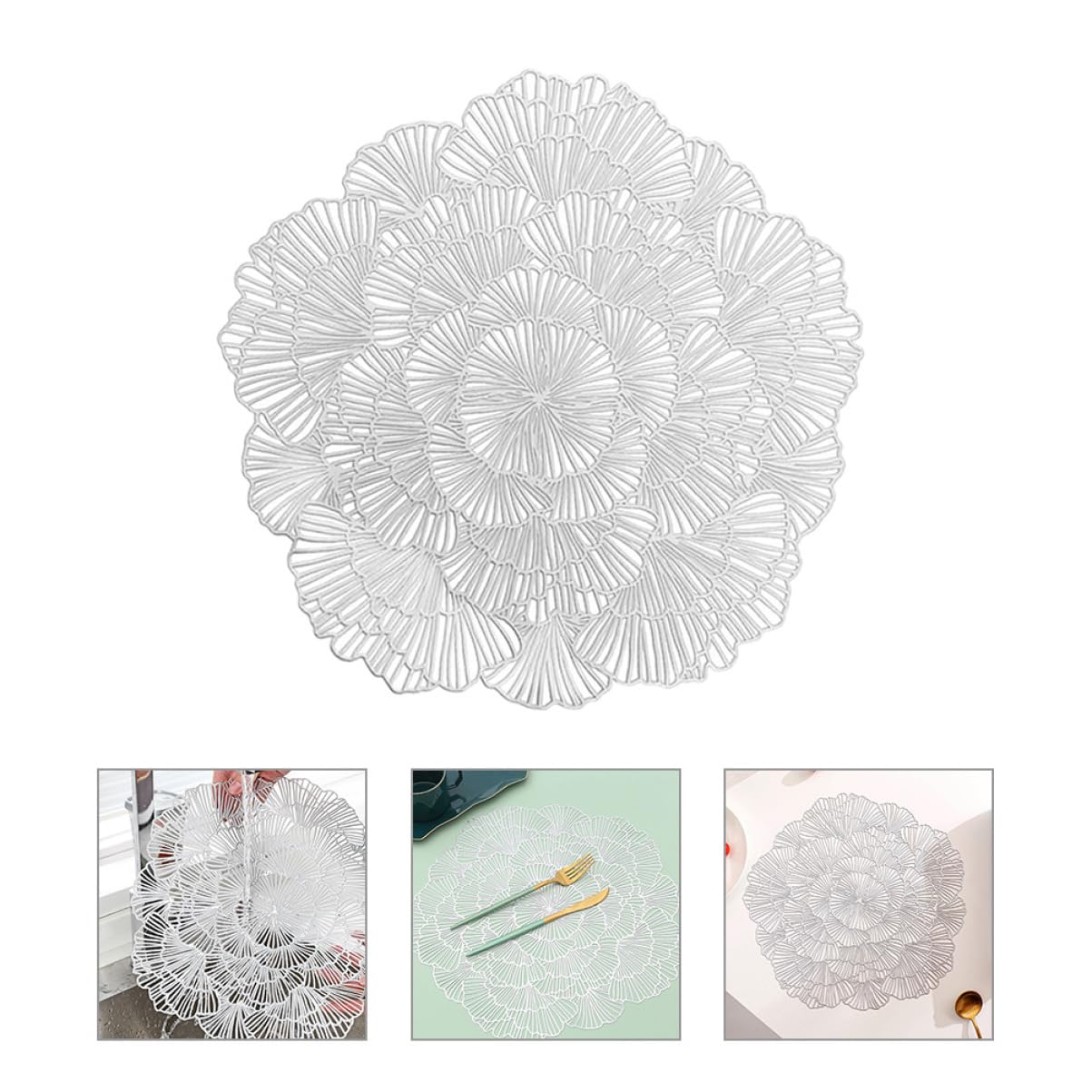 Alipis Sets de Table et Résistants en PVC Lot de 12 Argenté, Motif Feuille de Ginkgo Ajouré, Lavables pour Salle à Manger