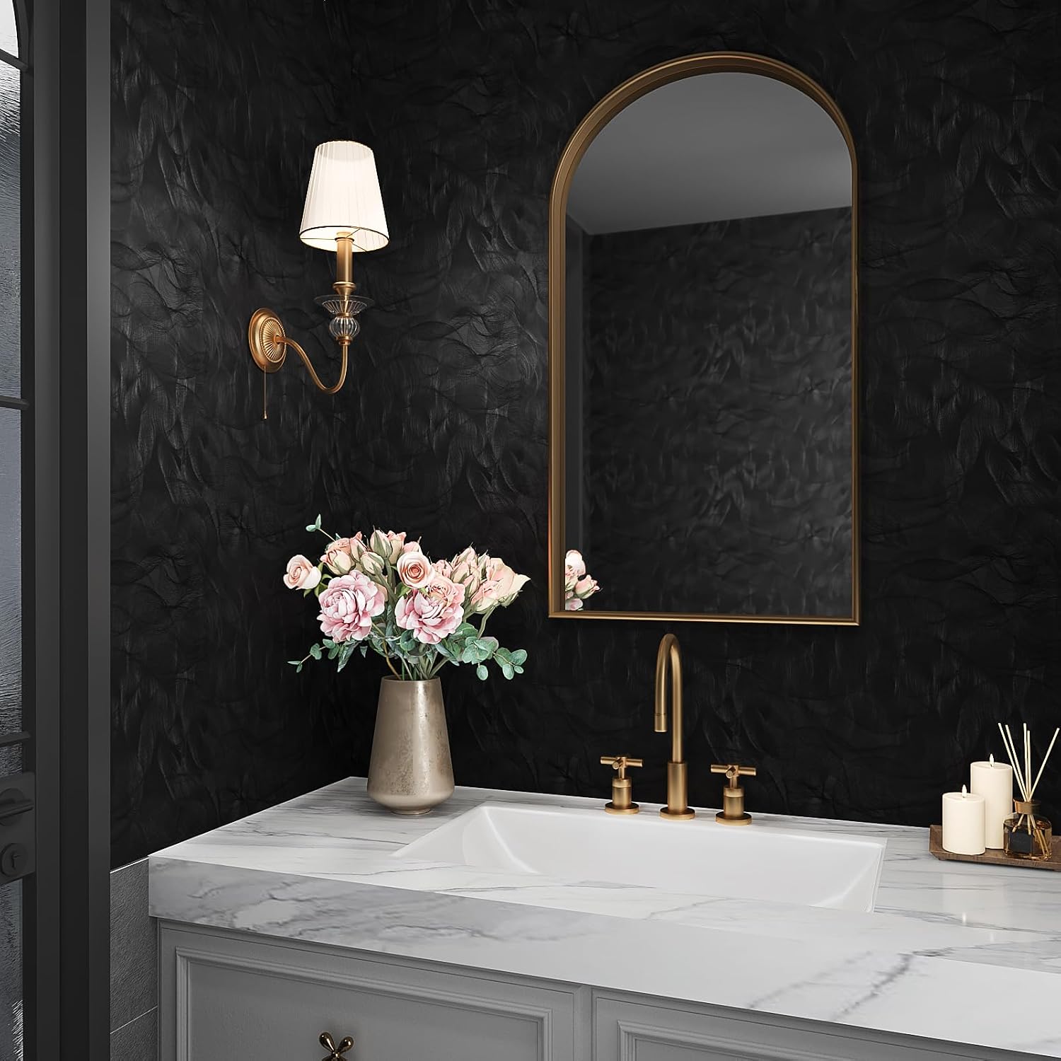 VEELIKE Black Wallpaper Peel and Stick Textured Modern Spiral Circle Geometric Peel and Stick Wallpaper for Bedroom Bathroom 15.7''x118'' Removable Self Adhesive Black Contact Paper for Walls Cabinets