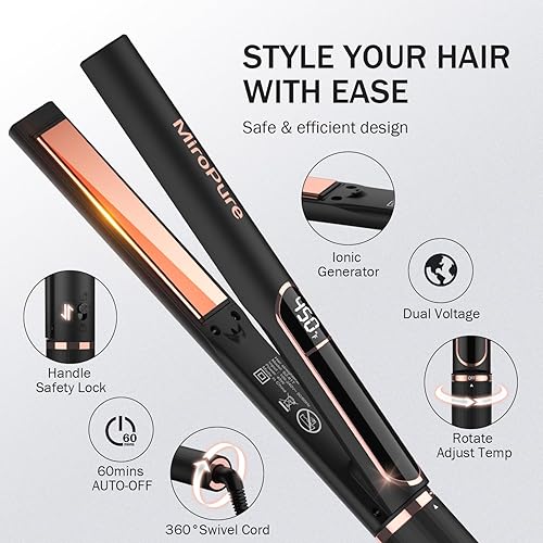 Miniatura 6 de MiroPure Plancha plana para el cabello, planchas de titanio de 1 pulgada con calentamiento 15S, plancha profesional de iones negativos de cerámica