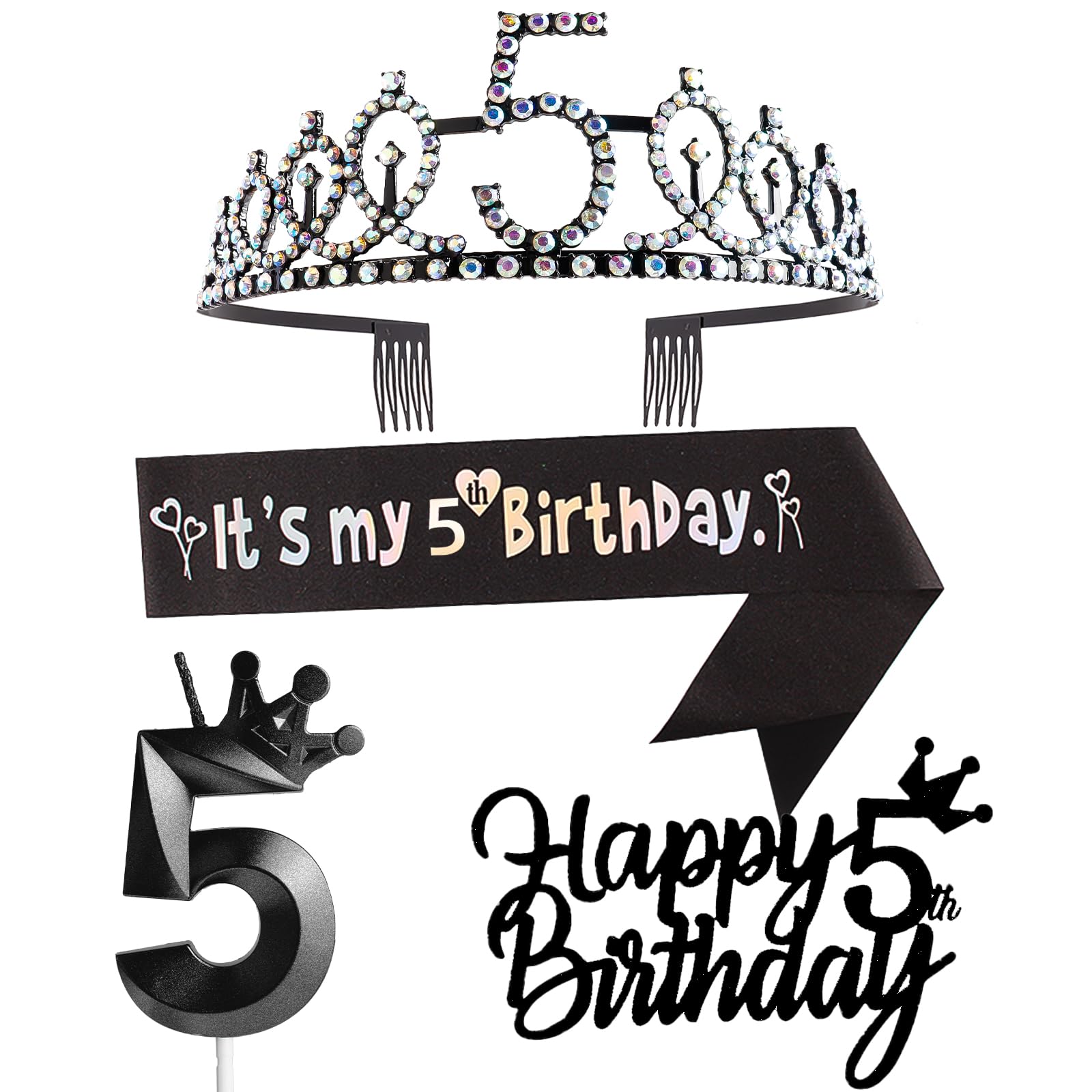 5th Birthday Decorations for Girl, Including 5th Birthday Crown/Tiara, Sash, Happy Birthday Cake Toppers and Number 5 Candles, Black Birthday Party Supplies 5 Year Old Girl Birthday Gift Ideas