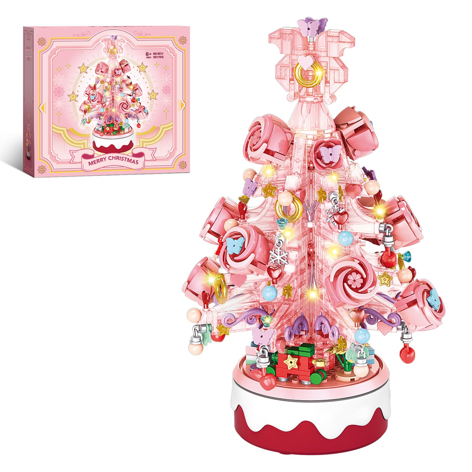 ExultationToy 900 Pieces Christmas Tree Building Set Pink for Kids, Music Box Pink Christmas Tree Building Block Set, Light Up Christmas Tree Ornament