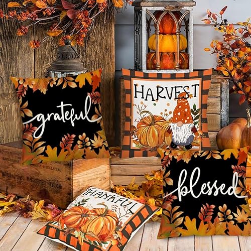 Miniatura 3 de Juego de 4 fundas de almohada de otoño de 18 x 18 pulgadas, fundas de almohada decorativas de calabaza, a cuadros, gnomo, Acción de Gracias,