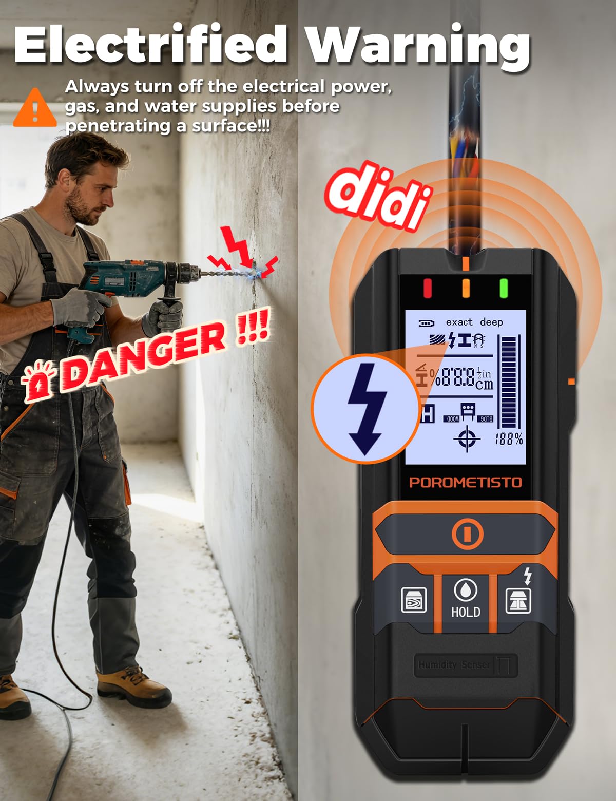 Rilevatore Tubi E Cavi Elettrici 2-in-1 Con Misuratore Umidità, Scanner POROMETISTO Per Legno, Metallo, Cavo CA