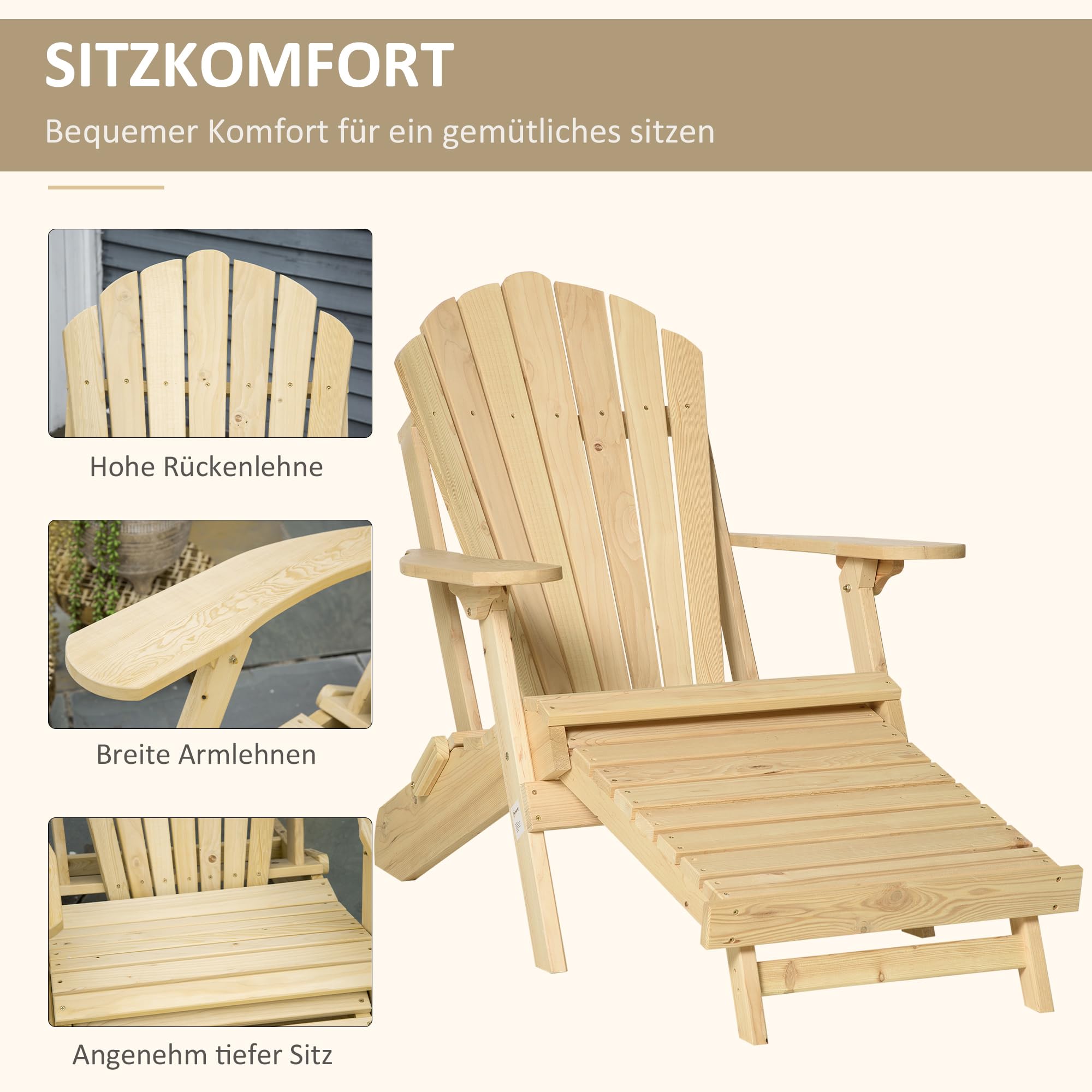 Outsunny Adirondack Stuhl Klappbar Adirondack Chair aus Holz Outdoor Gartenstuhl mit Fußstütze Hoher Rücken- und Armlehnen Balkonstuhl Gartensessel für Garten, Balkon 78 x 140 x 94cm Natur