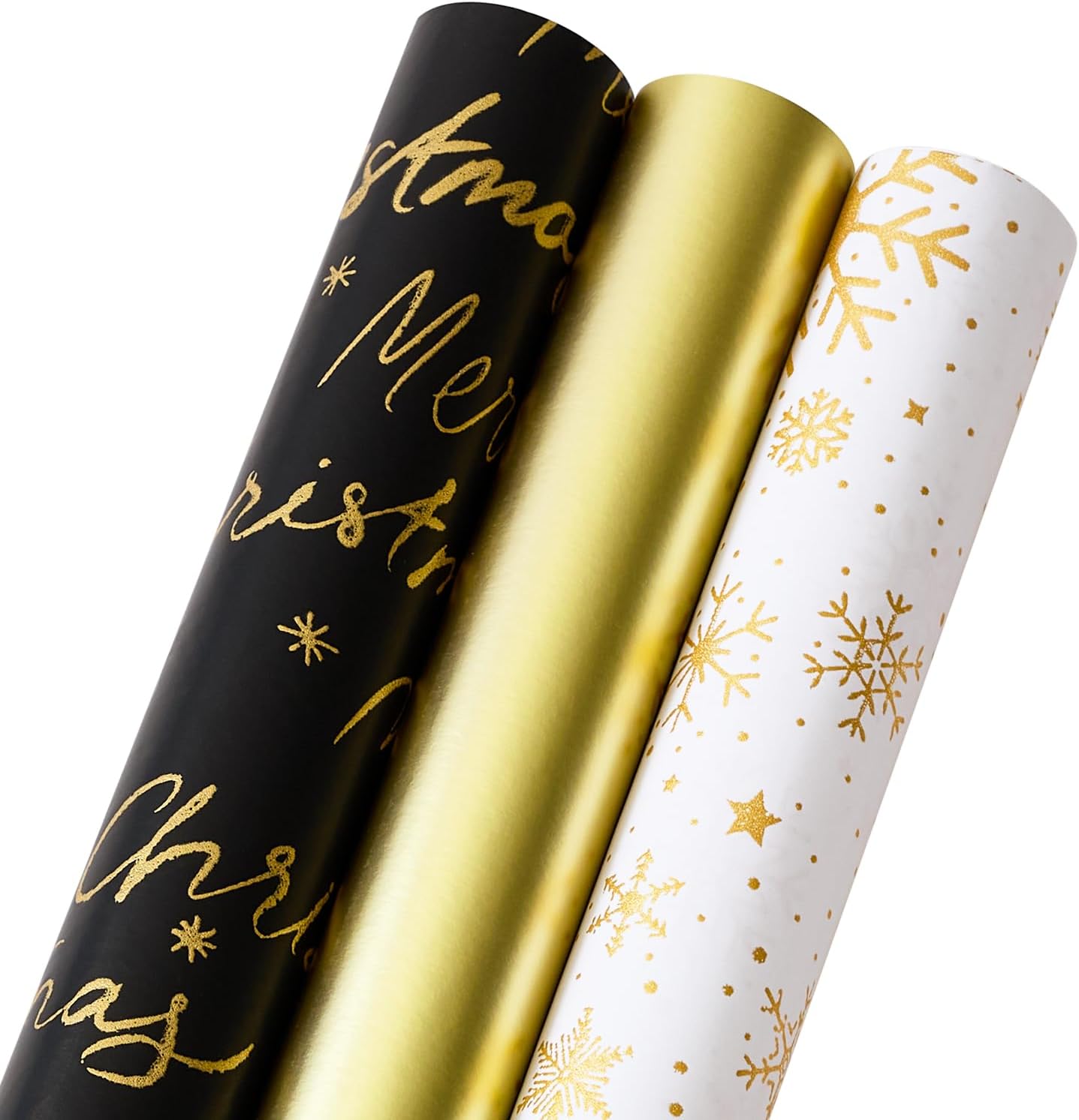 YANGTE Christmas Wrapping Paper Mini Rolls, 3 Rolls 17" x 120" Gift Wrapping Paper Christmas rolls, Black White Gold Merry Christmas Snowflakes Christmas Printed Assortment