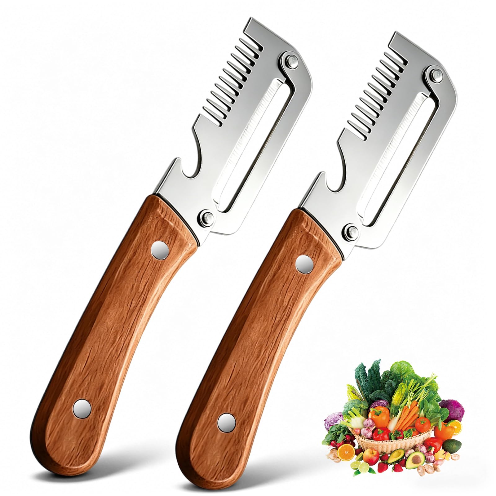 Photo 1 of 2 Pack Multifunctional Vegetable Peeler with Wooden Handle, 3-In-1 Veggie Peeler with Scallion Shredder and Bottle Opener, Stainless Steel Kitchen Peeler for Fruit Pumpkin Potato Carrot