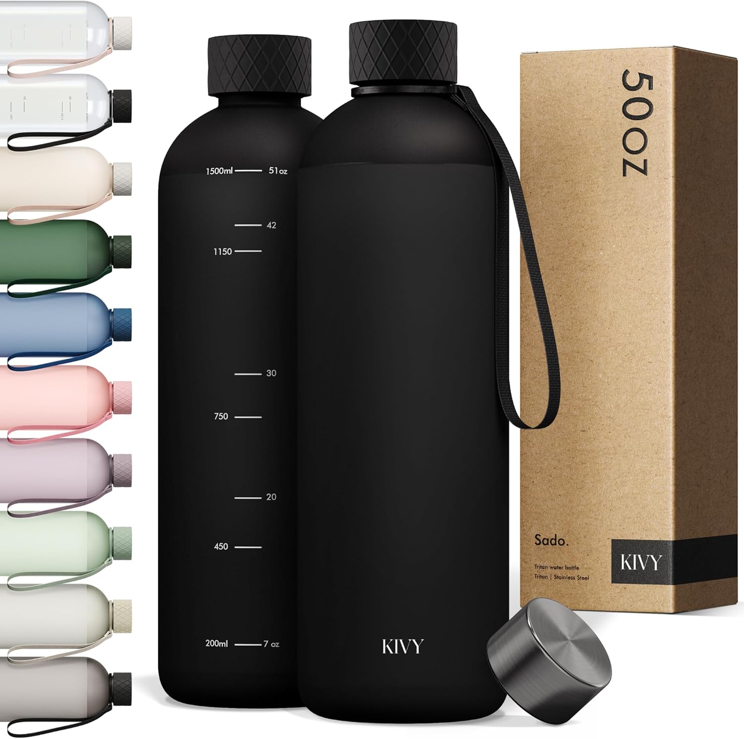 KIVY Large Water Bottle 50oz [Lightweight & Shatterproof] Fits Backpack & Cupholder for Travel, Sports, School - Black water bottle no straw - 1.5 Liter water bottles - 50oz Water bottle 50oz Dark Black
