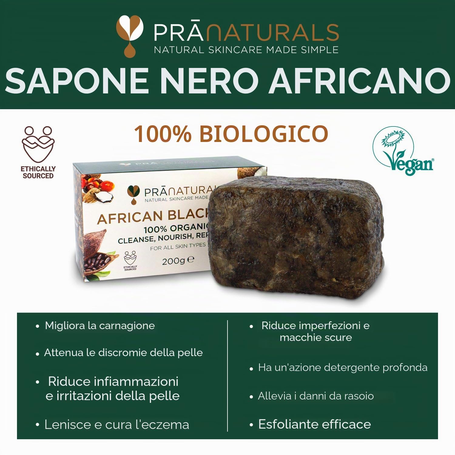 Pranaturals - Sapone nero africano 3 x 200 g, grezzo e 100% organico, saponetta da 200 g, eticamente ottenuto e realizzato a mano in Ghana, adatto per tutti i tipi di pelle