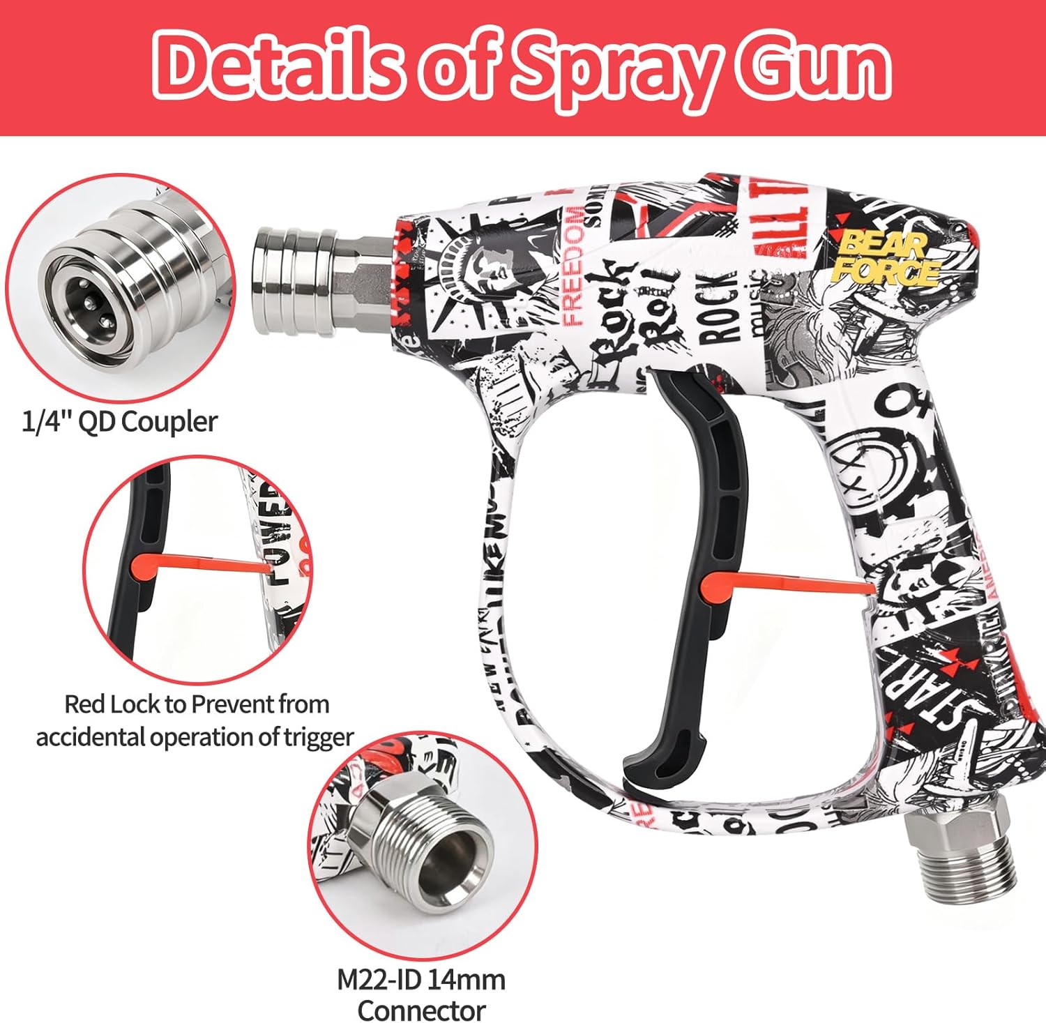 Bear Force High Pressure Washer Gun 3000 PSI Max, Power Washer Short Gun M22-ID14mm with 1/4“ Quick Connector, Car Wash, Car Cleaning, Car Care Detailing
