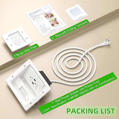 Miniatura 7 de Kit de organización de cables de pared con placa de pared de cepillo, salidas de CA y puertos USB, cable de 9 pies, toma de pared empotrada para