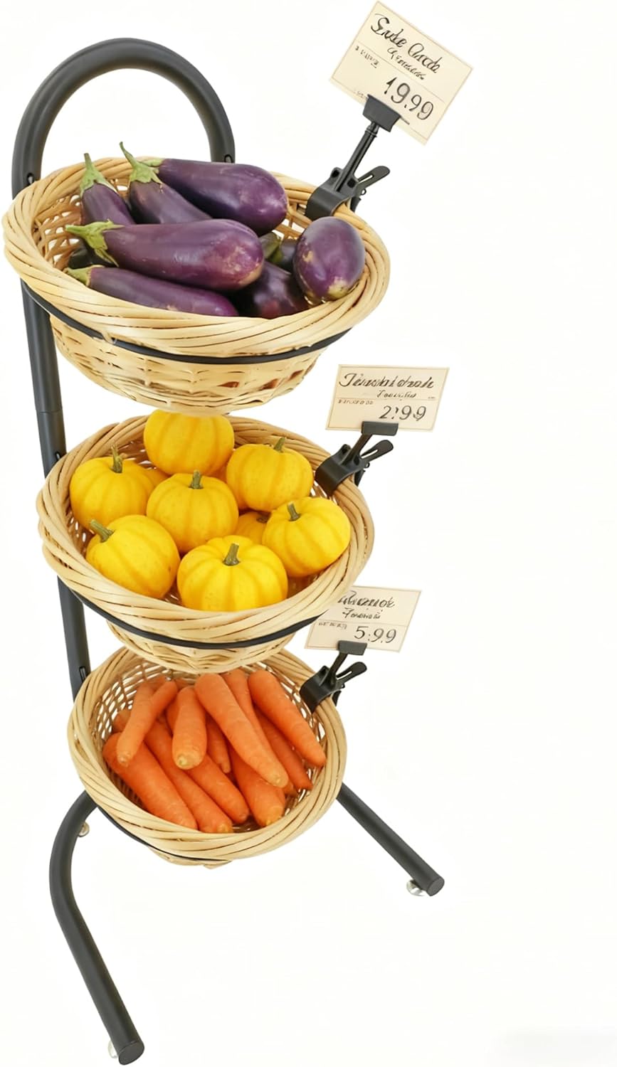 FixtureDisplays 3 Tier Wicker Basket Metal Stand with Sign Clips, Market Basket Storage Organizer 19425