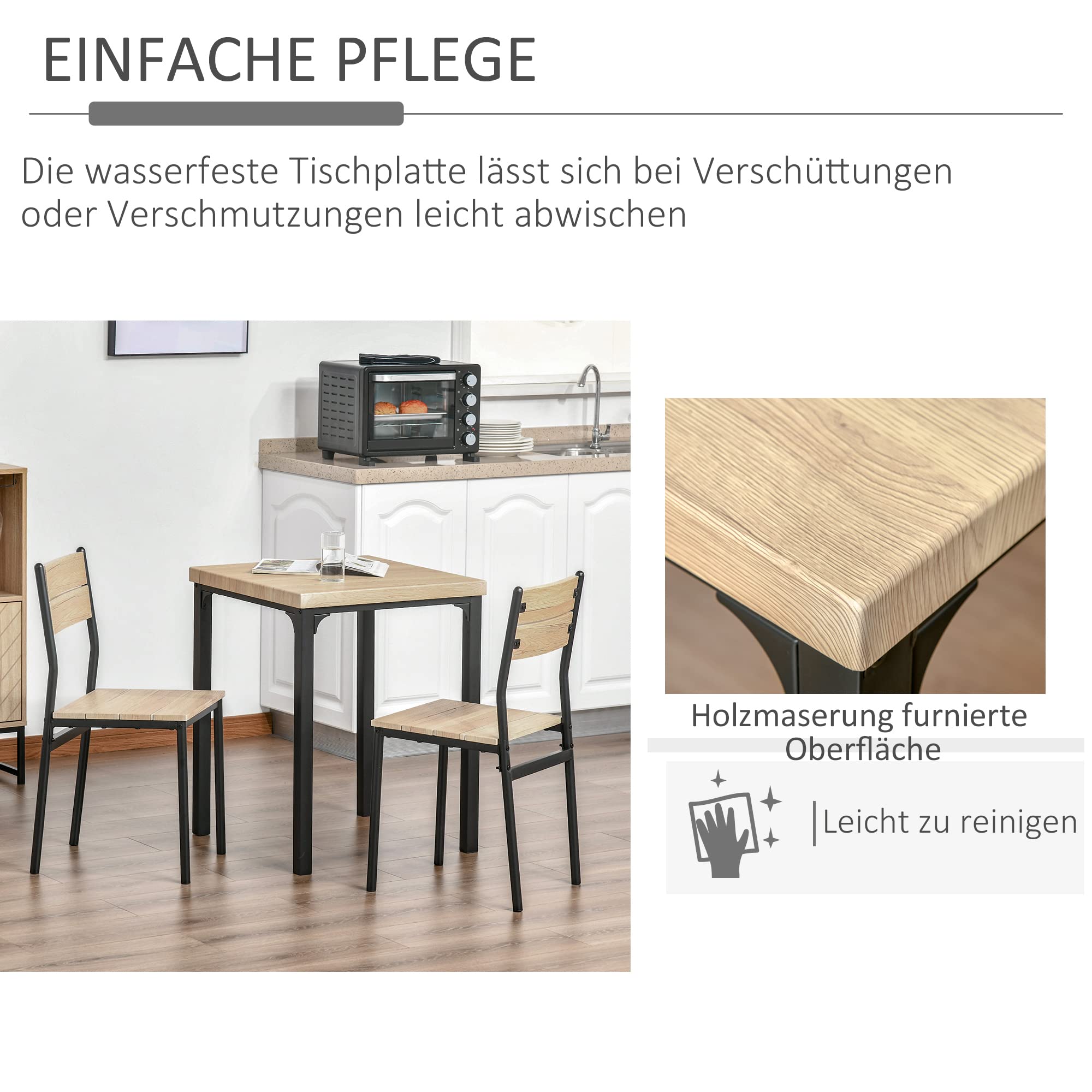 HOMCOM 3-teilige Essgruppe Esstisch mit 2 Stühlen, 4 cm Tischplatte Sitzgruppe Küchentisch mit Metallgestell Esszimmergruppe, Natur