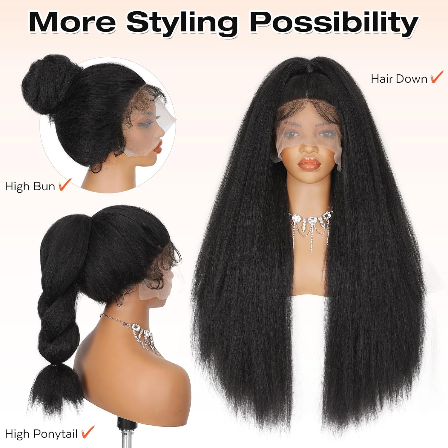 WIGNEE Full Lace Kinky Straight Wig 30 Inch Synthetic Yaki Straight Wig 180% Density Pre-Plucked Kinky Wig with Baby Hair Yaki Wigs For Black Women Daily Use