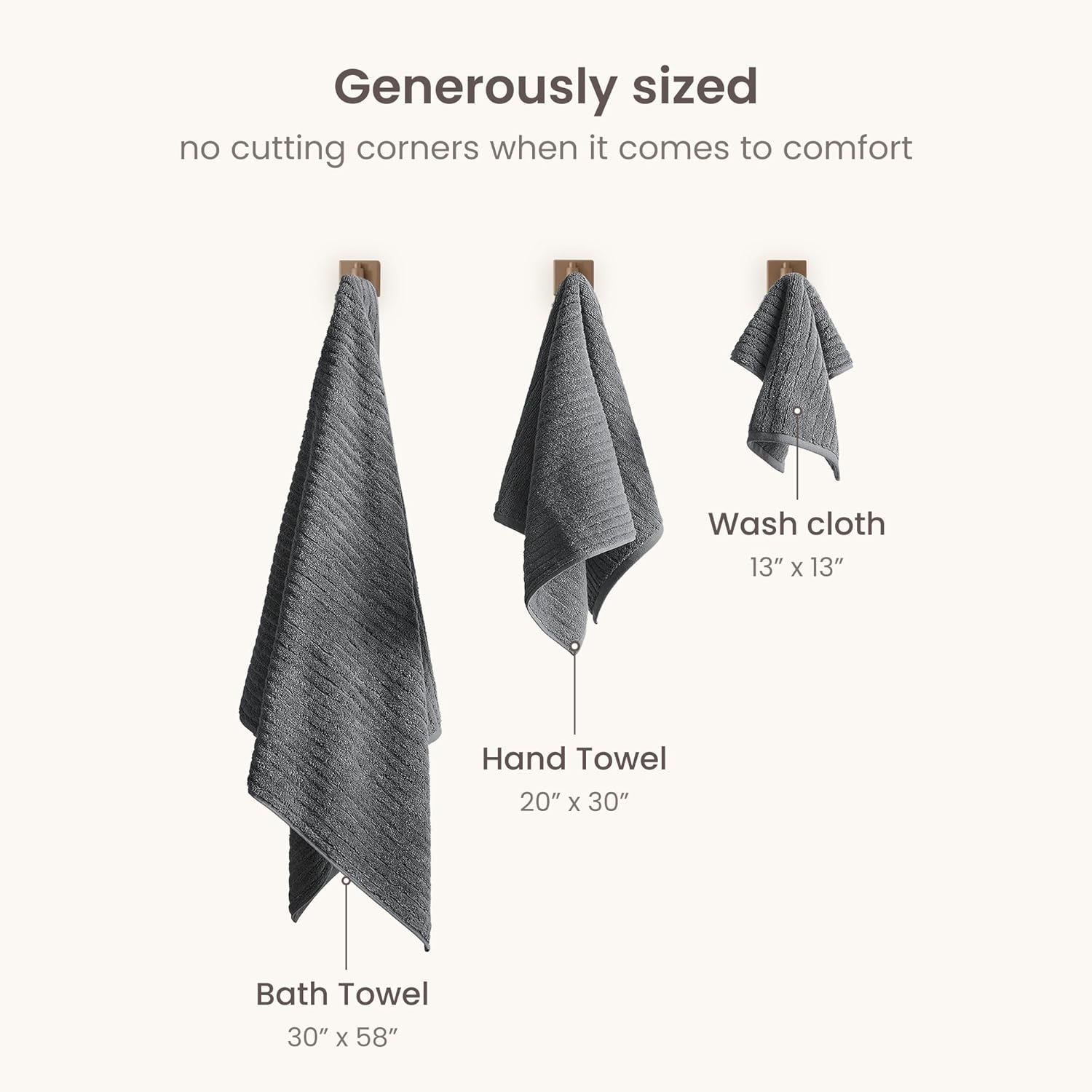 BIOWEAVES 100% Organic Cotton 6-Piece Luxury Bathroom Ribbed Towel Set GOTS Certified 700 GSM, 2 Bath Towel, 2 Hand Towel & 2 Wash Cloths - Pewter