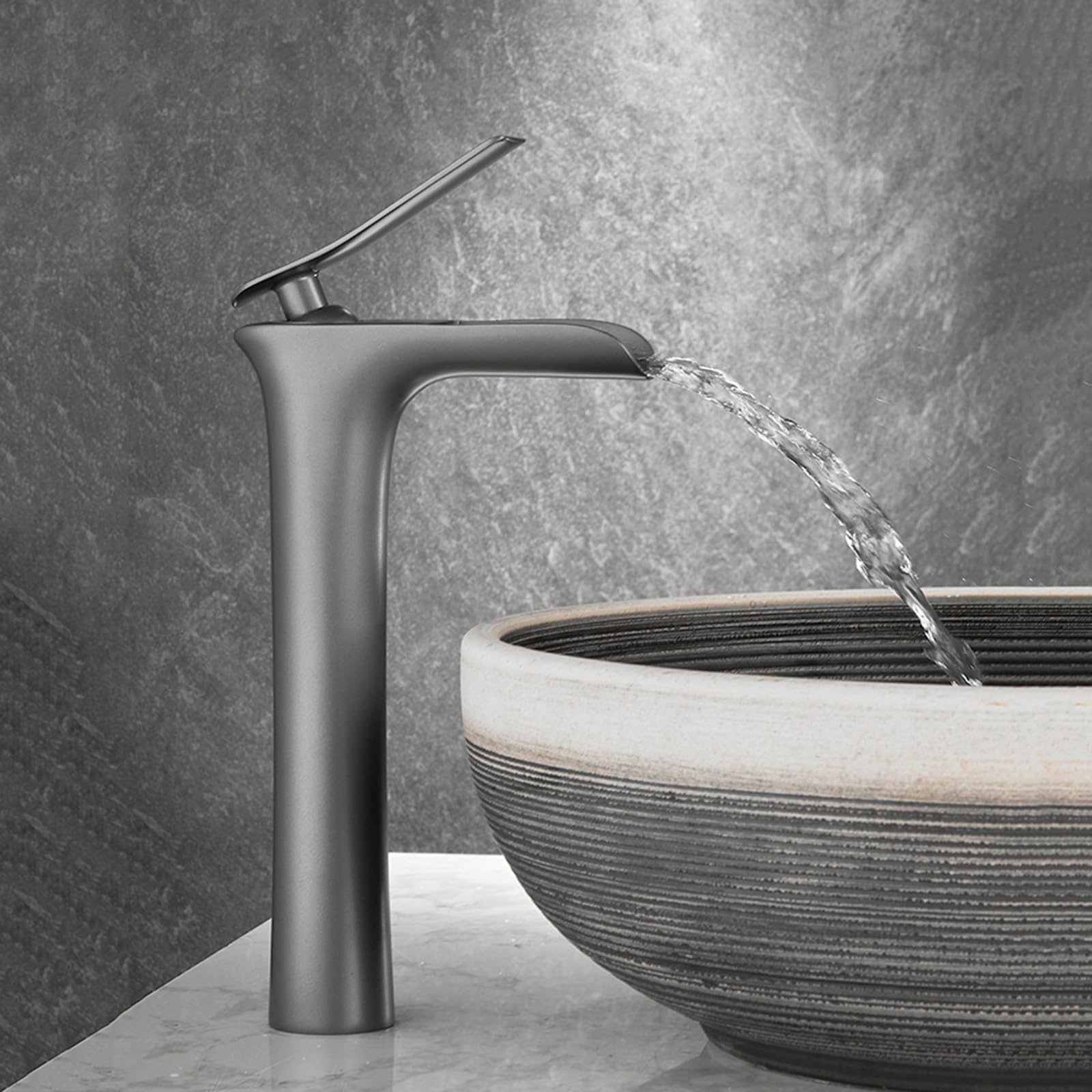 Grifo Lavabo Cascada, Abierto Frio Y Caliente Grifos para Lavabos de Baño Altos, Grifo Monomando De Latón,gris,alto