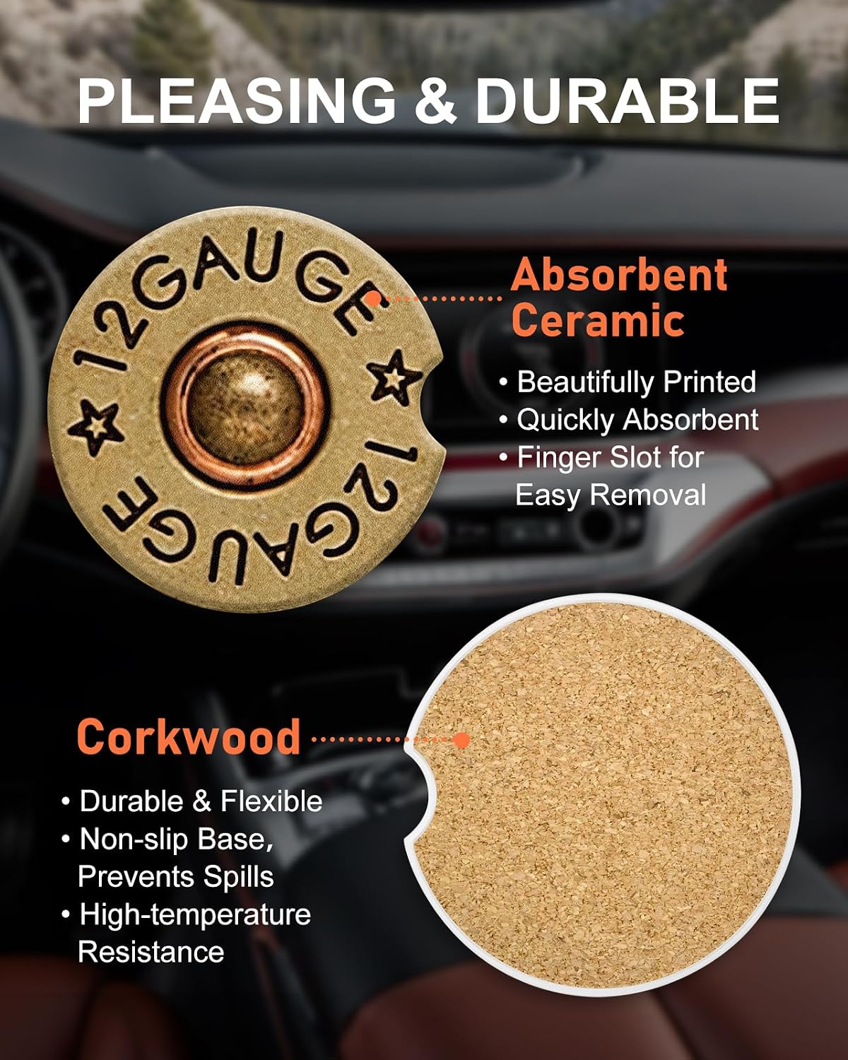 Swooflia Car Coasters for Men - 12 Gauge Bullet Shaped Ceramic Car Cupholder Coaster Cool Absorbent Mat Coaster with Cork Base 2 Pack Automotive Cup Holder Accessories New Driver Gifts