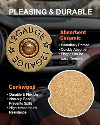 Miniatura 2 de Swooflia Posavasos de automóvil para hombre, calibre 12, de cerámica, con forma de bala, posavasos absorbentes con base de corcho, paquete de 2