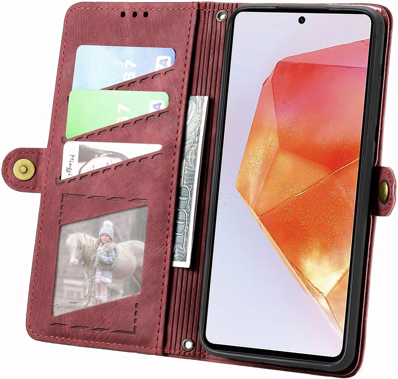 Compatible with Moto One Action/One Vision Case,Compatible with Motorola P40 / P50 / P40 Power Card Holder PU Leather Flip Stand Magnetic Closure Phone Cover Red