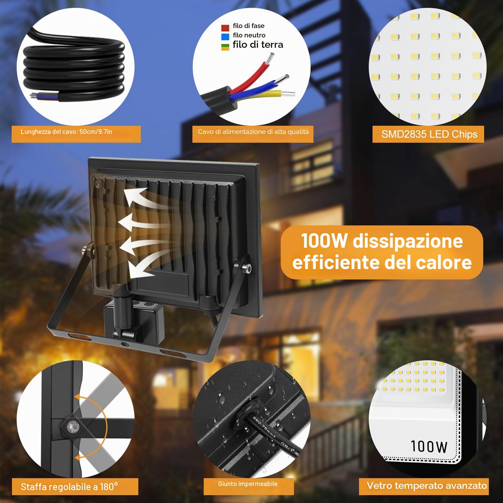 Faretto LED da 100 W, con sensore di movimento, per esterni, 10000 lm, 7000 K, super luminoso, IP67, impermeabile, con telecomando, luce bianca fredda per giardino, garage, campo sportivo, cortile