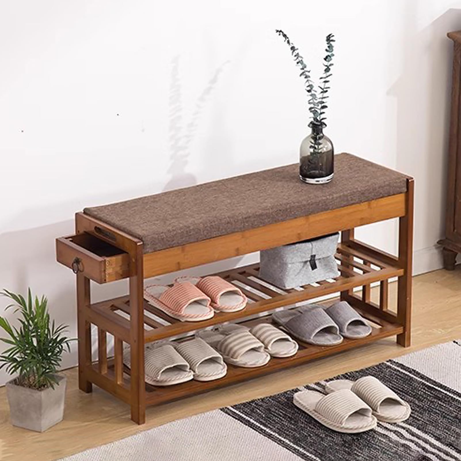 Ława Do Przechowywania Butów Z Poduszką I Szufladą, 3-Poziomowy Organizer Na Buty Do Przedpokoju, Korytarza, Salonu, Łazienki, Brązowy, Brązowy, 90 X 29 X 49 Cm