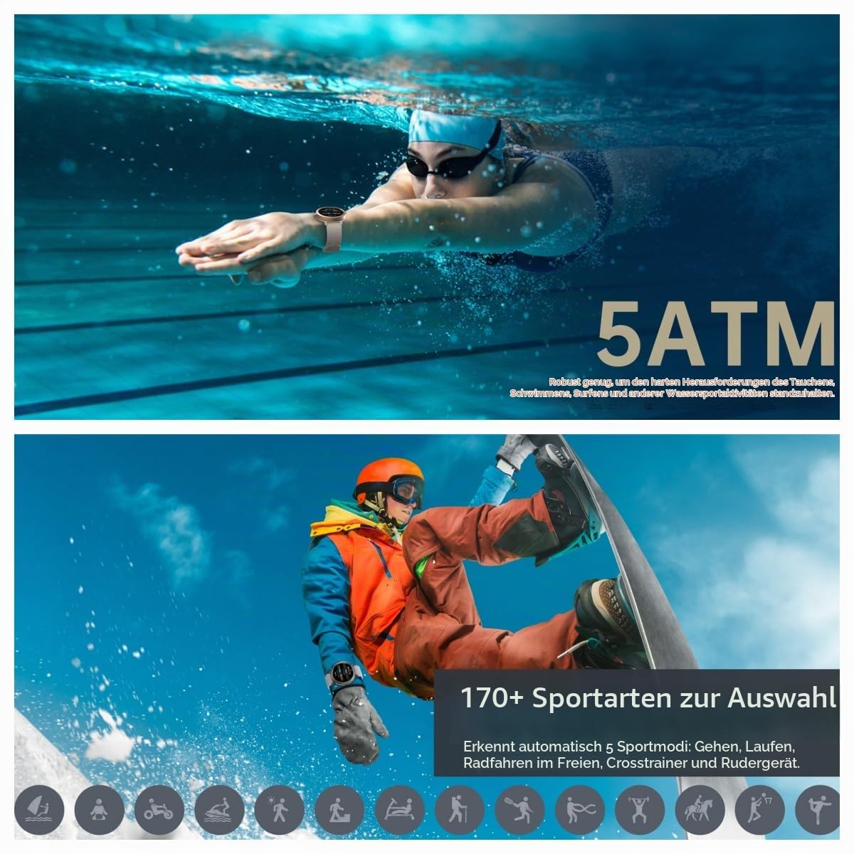 beyerswerk Alpha Sport Smartwatch mit GPS für Männer und Frauen, wasserdichte 5 ATM Schwimmuhr, Anrufe tätigen/annehmen, 1.32'' AMOLED-Display, Fitness-Tracker, Herzfrequenz- und Schlafmonitor