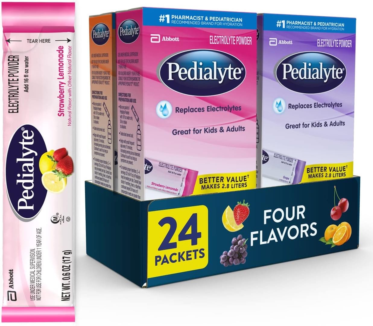 Pedialyte Electrolyte Powder, Hydration Drink for Kids & Adults Variety Pack: Grape, Strawberry Lemonade, Cherry, and Orange, 24 Powder Packets