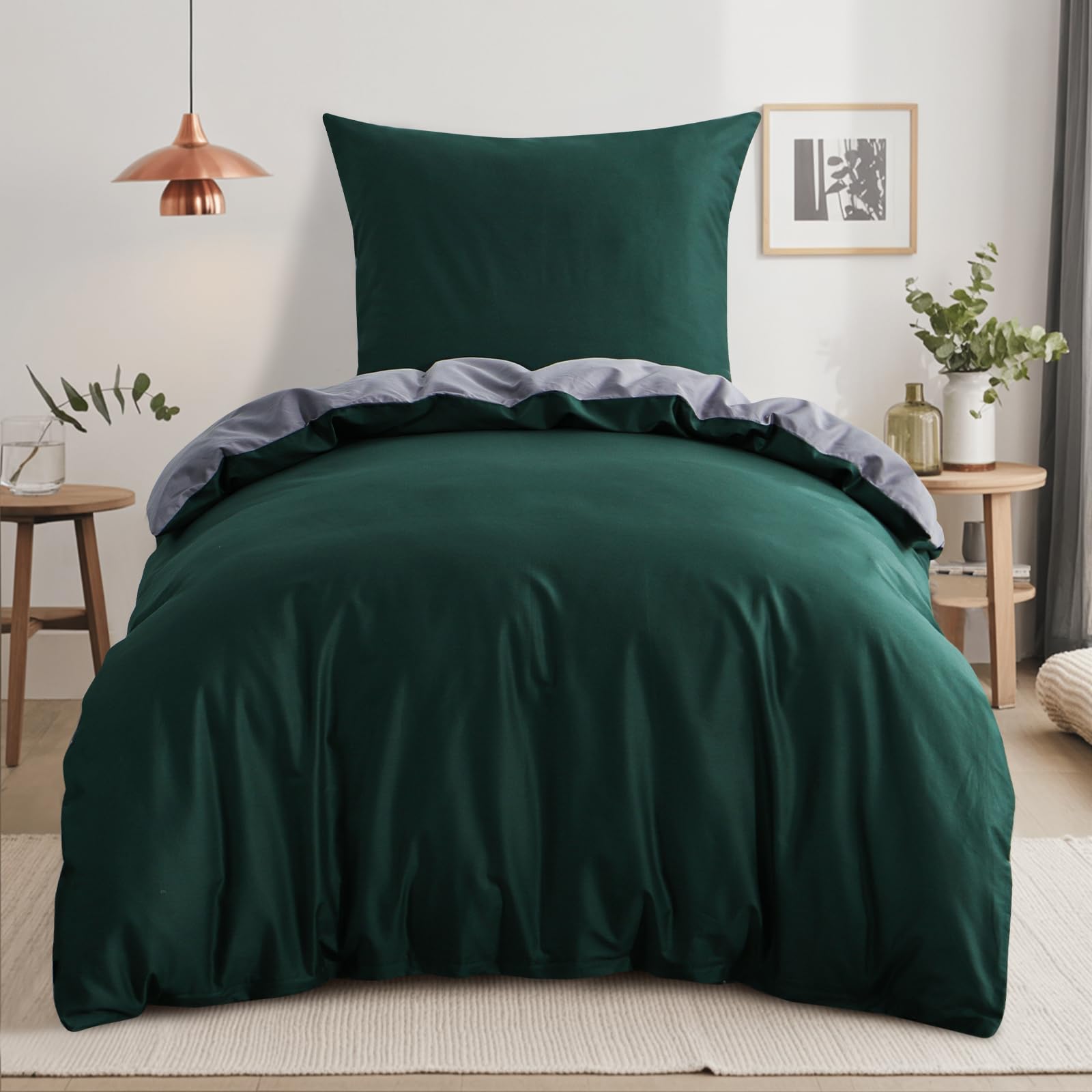 Parure de lit 140x200 coton vert foncé gris ensemble literie bicolore 2 pièces