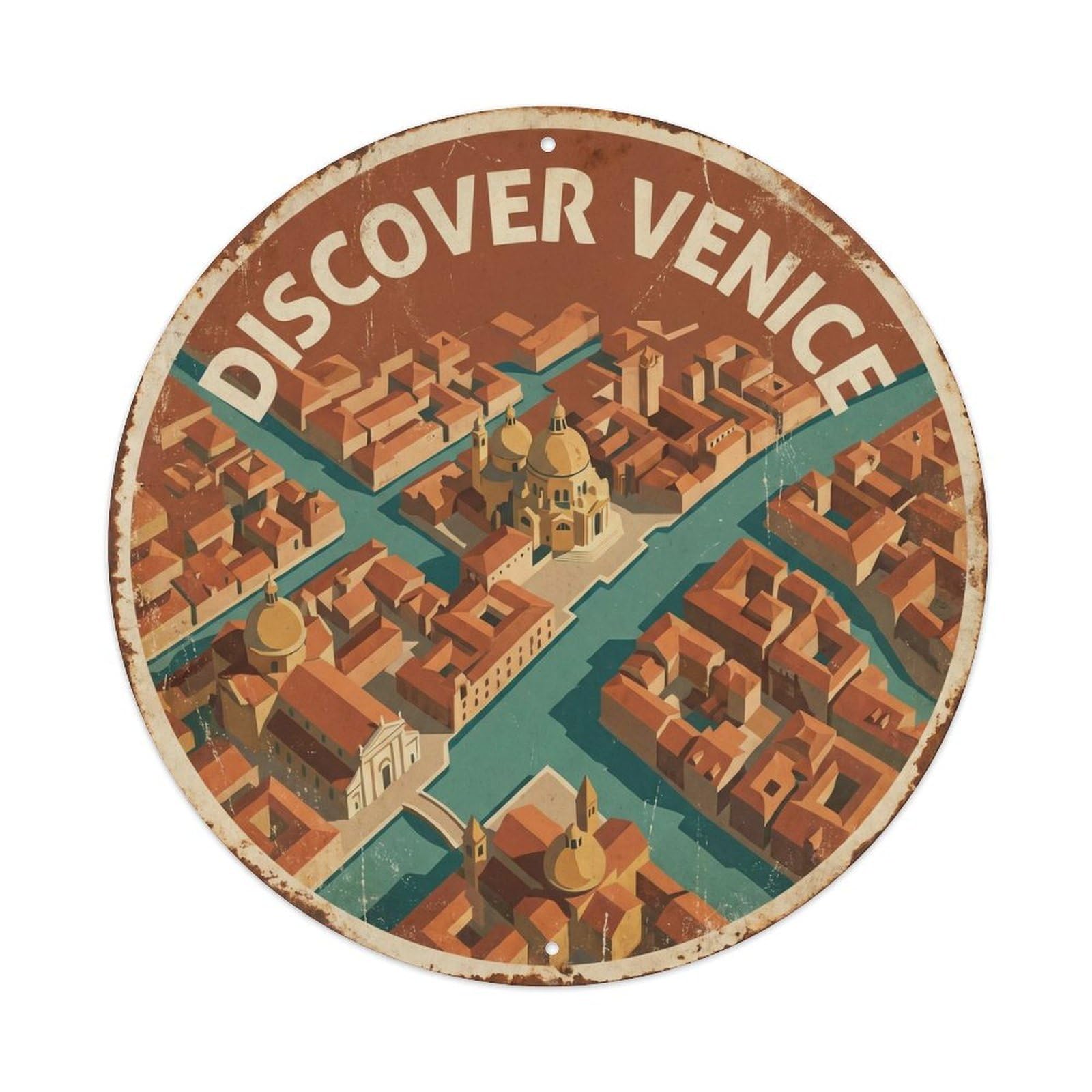 Italian Waterway Venice Gondola Lagoon Heritage Travel Adventure Metal Tin Sign Plaque Wall Decor for Cafe, Man Cave, Club Bar, Office, Home Garden Round Metal Poster 8x8Inch