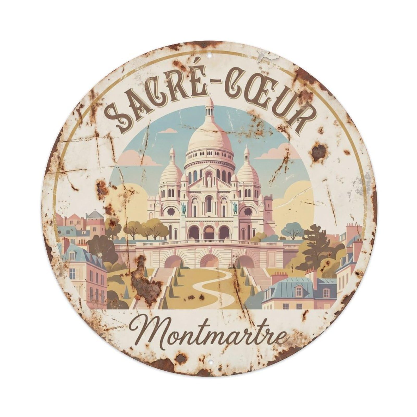 Vintage Travel Sacre Coeur Montmartre 1 Metal Tin Sign Plaque Wall Decor for Cafe, Club, Garden Round Metal Poster 8x8Inch