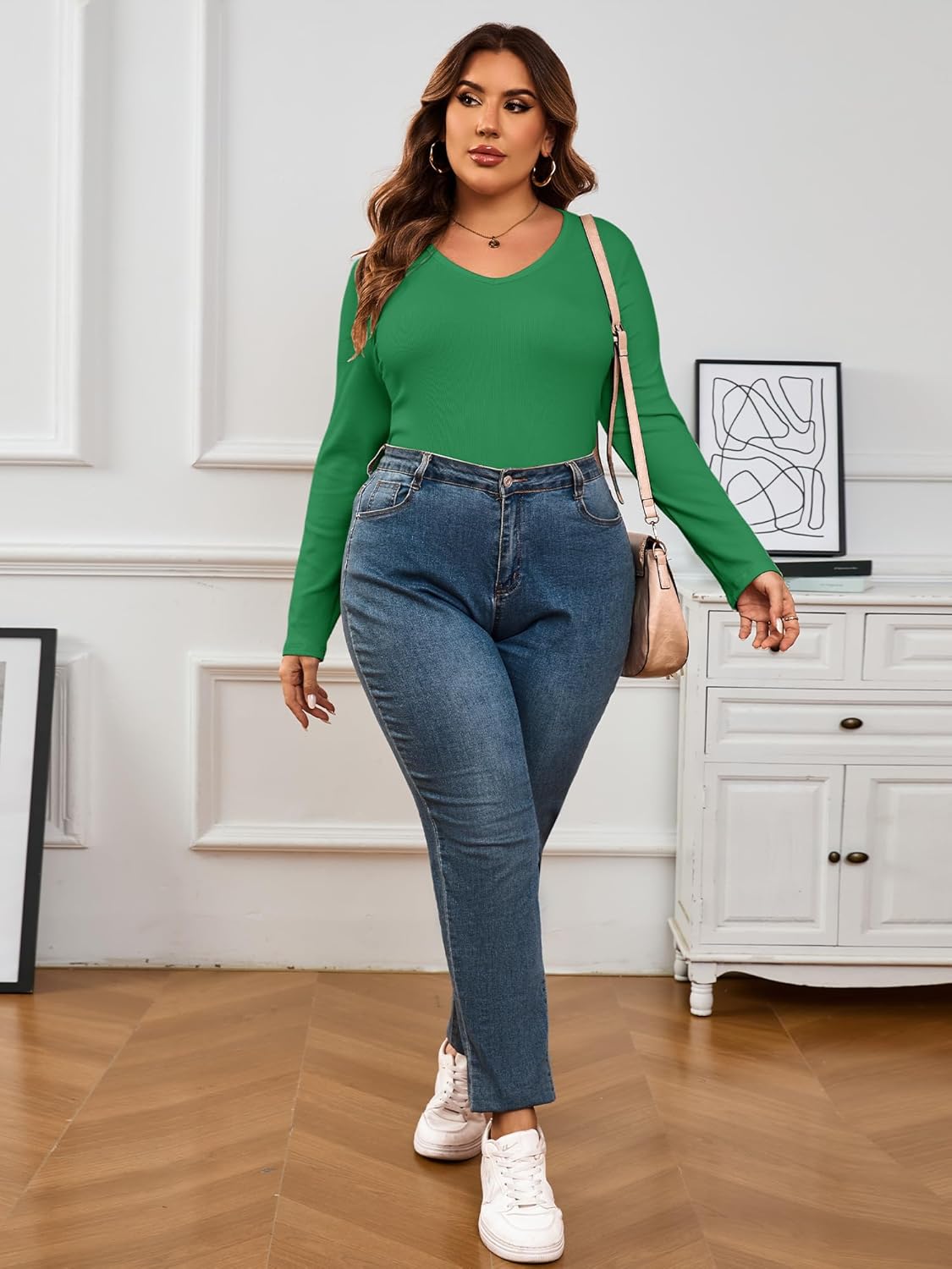 Chulianyouhuo Womens Plus Size Long Sleeve Shirts V Neck Ribbed Knit T Shirt Slim Fitted Casual Basic Tee Tops - Image 6