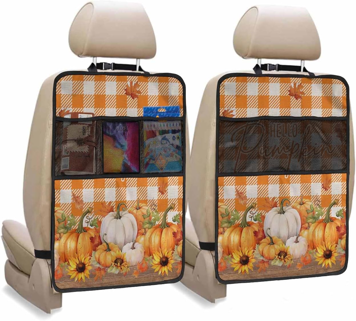 Car Seat Protector, 2 Pack Kick Mats Back Seat Protector Fall Thanksgiving Pumpkin Sunflower Maple Leaves Black White Plaid Waterproof Backseat Cover for Universal Fit Automotive Interior Protectors