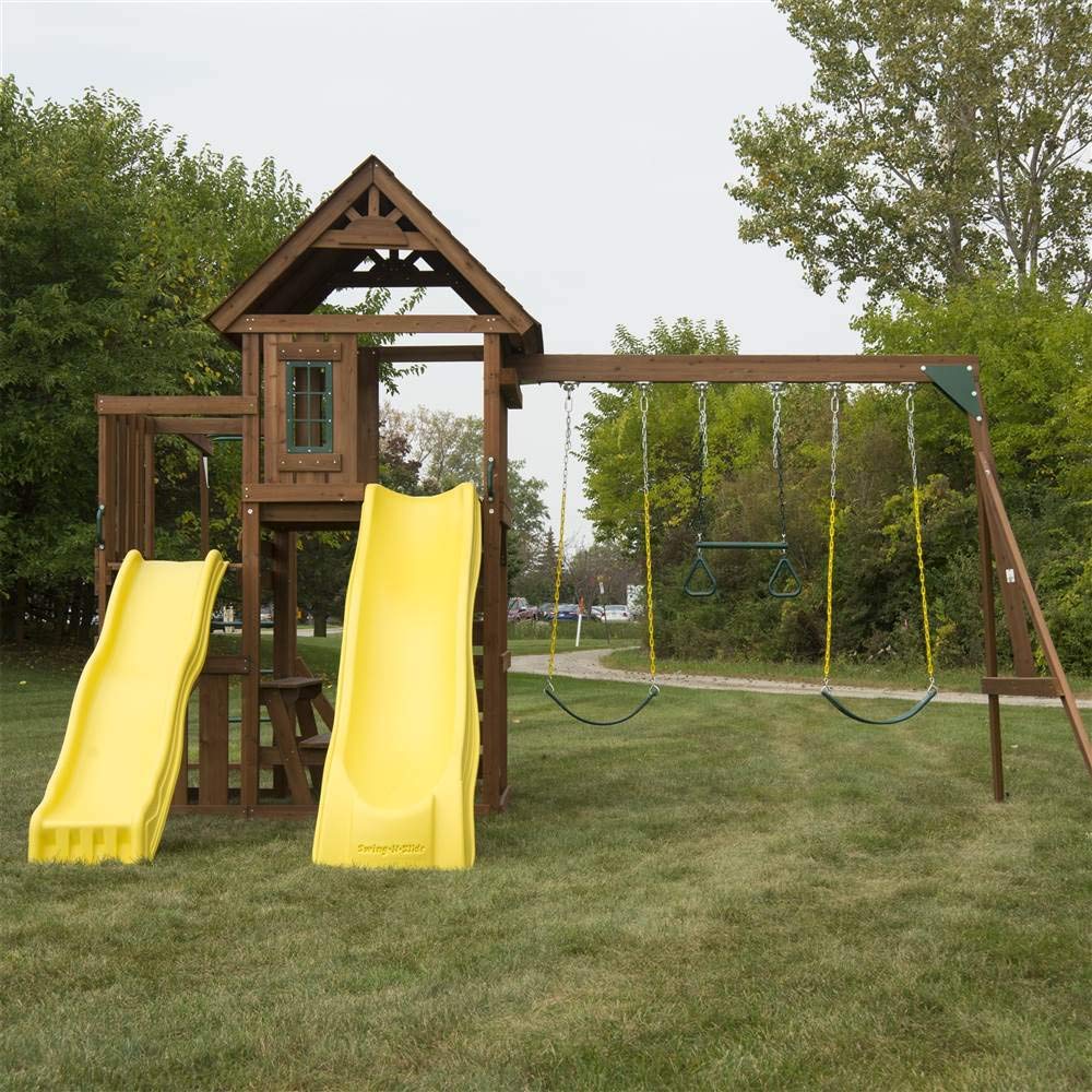 Swing-N-Slide WS 8356 Wooden Timberview Play Set with Two Slides, Monkey Bars, Wood Roof, Climbing Wall and Swings, Wood , Brown - Image 3