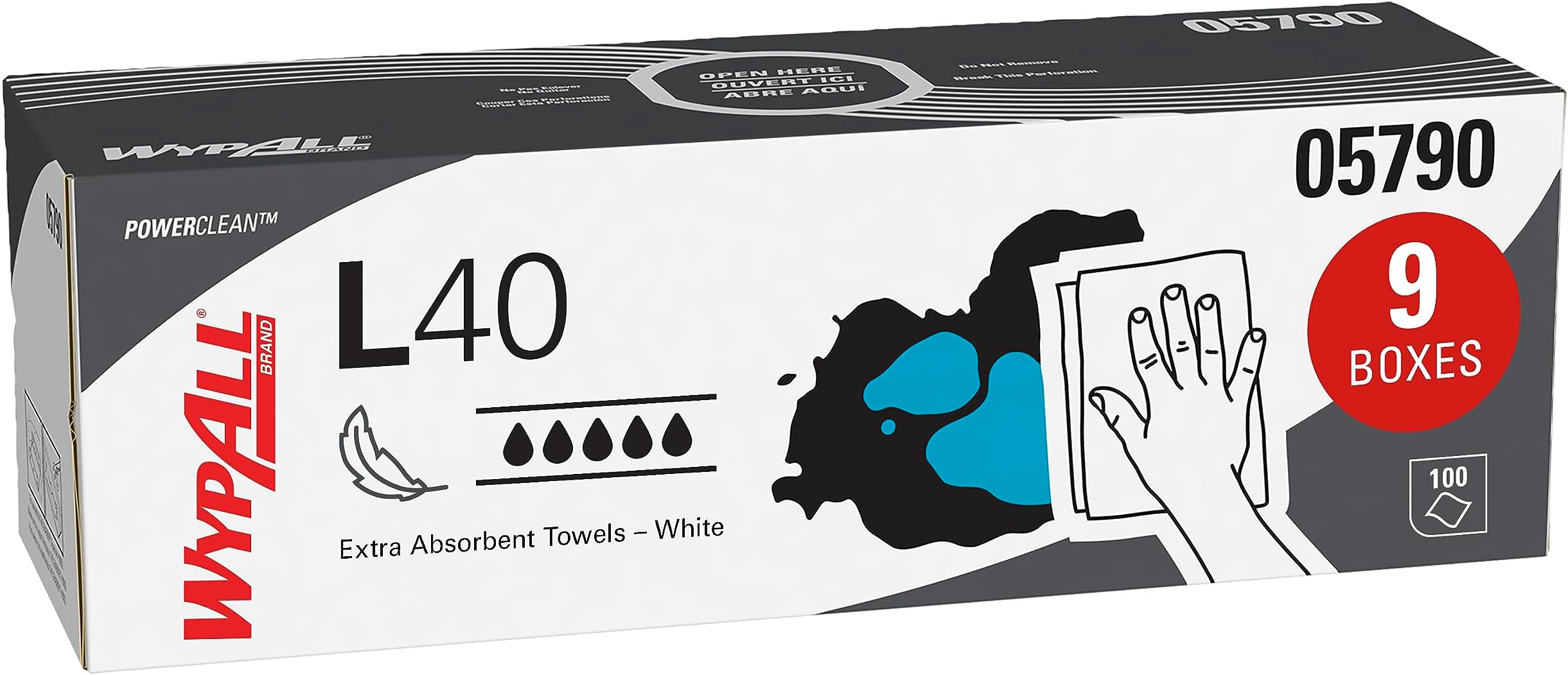 PowerClean L40 Cloths Extra Absorbent Wipes (05790), Pop-Up Box, Bulk Paper Wipers, White (9 Packs of 100 Sheets, 900 Sheet Total)