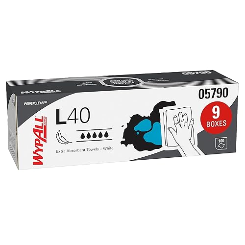 WypAll PowerClean L40 - Toallitas extra absorbentes (05790), caja emergente, limpiaparabrisas de papel a granel, color blanco (9 paquetes de 100