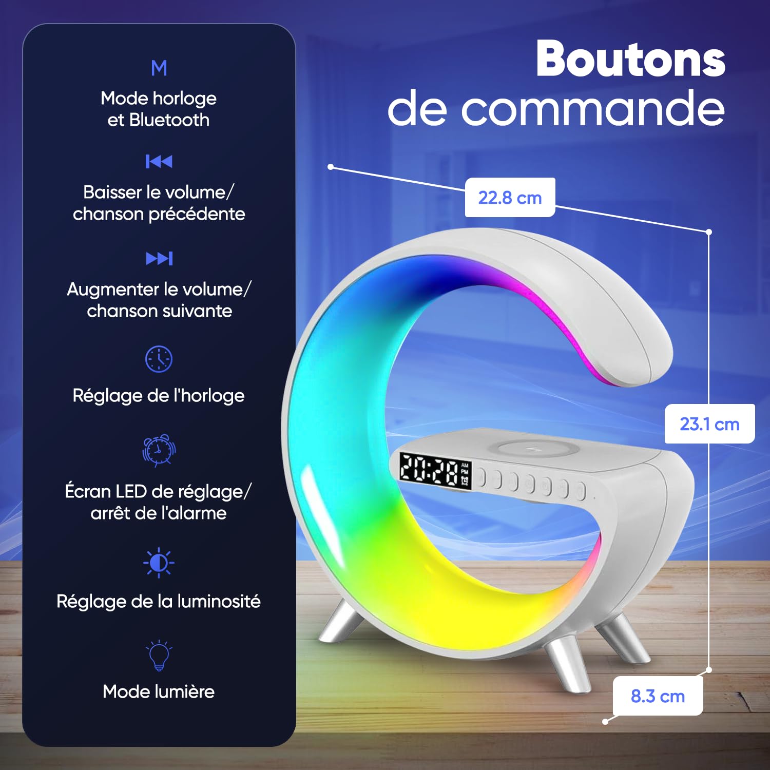 Lampe d’Ambiance 3-en-1,Réveil Lumineux,Haut-Parleur Bluetooth,Chargeur Sans Fil & Lumière LED 16M Couleurs Contrôlable par App,déale Chambre,Salon,Bureau,Cadeau de Noël Homme/Femme/Enfant