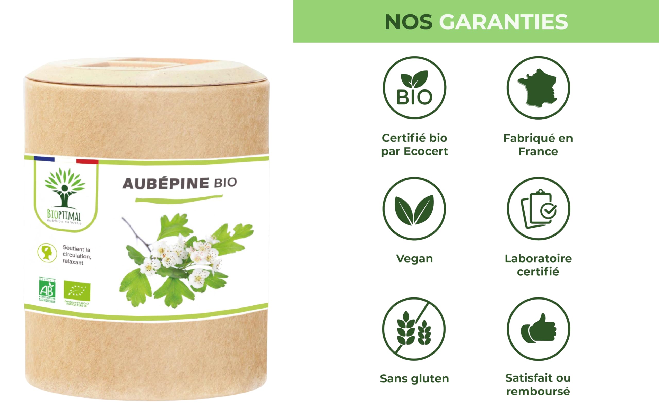Aubépine bio - Bioptimal - Complément alimentaire - Sommeil Anti-Stress Anxiété - 100% Sommité Fleurie en Poudre Pure - 300mg par Gélule - Fabriqué en France - Certifié par Ecocert - 200 gélules