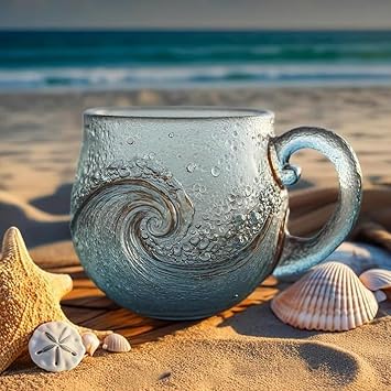 Sea Glass Wave Mug, 12oz Handmade Sea Inspired Drinking Cup, Artistic Themed Mug with Handle, Coffee Cup with Textured Wave Design for Beachs & Surf Lovers
