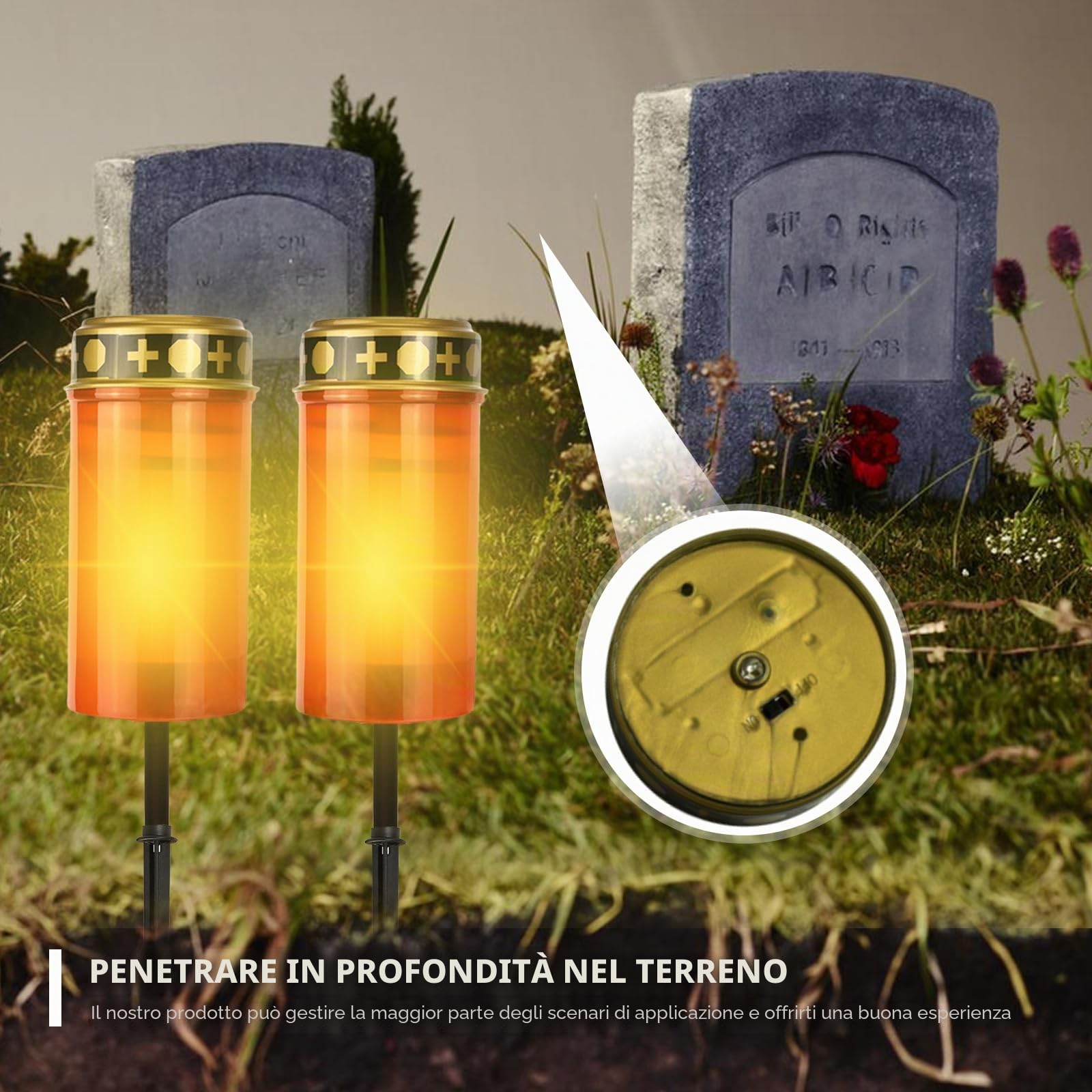 Set di 2 lanterne: lampade funebri a energia solare, candele impermeabili per cimitero per uso esterno con sensore di luce, candele funebri con picchetto, 7 x 12 cm