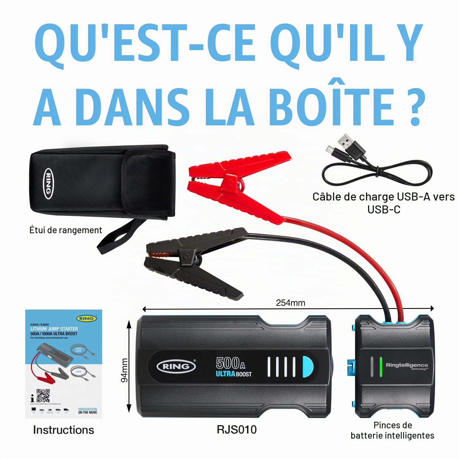 RING Ultraboost Démarreur de Batterie de Voiture 500 A – Démarre en Toute sécurité jusqu'à 3 litres d'essence et Moteurs Diesel de 1,5 Litre – Booster de Batterie avec câbles de démarrage, Batterie