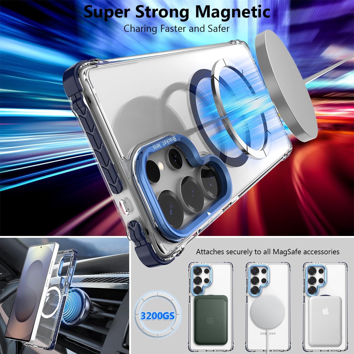 Nvollnoe for Samsung S25 Ultra Case Compatible with MagSafe Military Grade Shockproof Heavy Duty Protective Adjustable Kickstand Ultra Clear Magnetic Phone Case for Samsung S25 Ultra(Blue) image 2