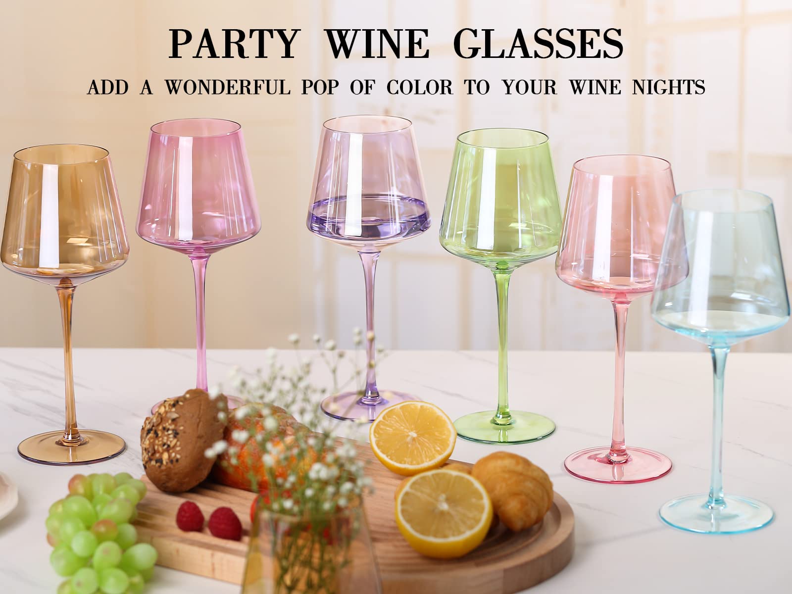 Physkoa Farbige Weingläser-Set mit 6 Stück, 530 ml, Regenbogen-Weingläser, Kristallglas, Wiederverwendbar, Zuhause, Alle Gelegenheiten