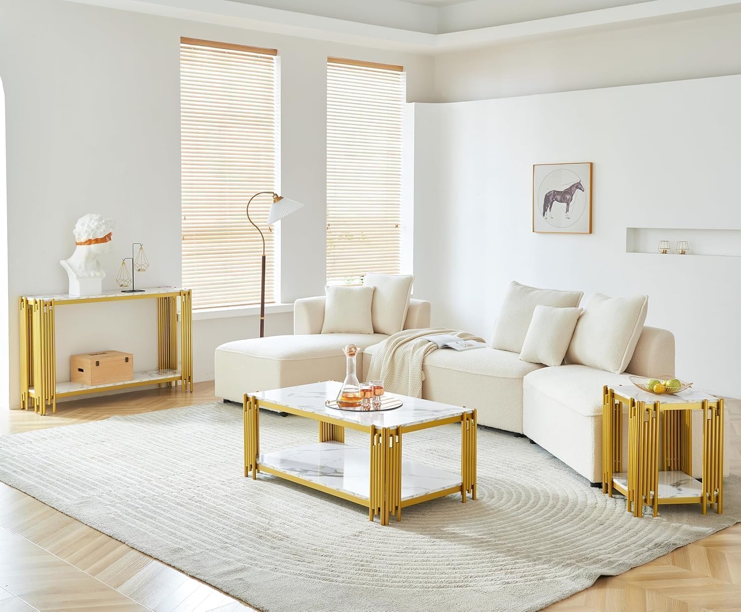 47 inch White Marble Coffee Table with Gold Chrome Metal Base, 2-Tier Rectangle Faux Marble Center Table Cocktail Tables, Modern Coffee Table Living Room Table, 47" White Center Tables