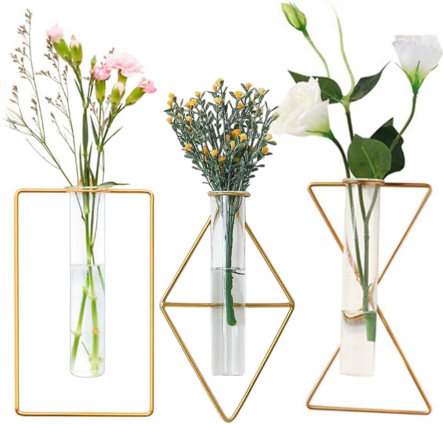 3 Pack Nordic Wall Vase,Gold Geometric Vase Hanging Hydroponic Planter,Wall-Mounted Metal Glass Tube Bud Vase Decorative for Centerpieces Wedding Home Decor(Gold 6)