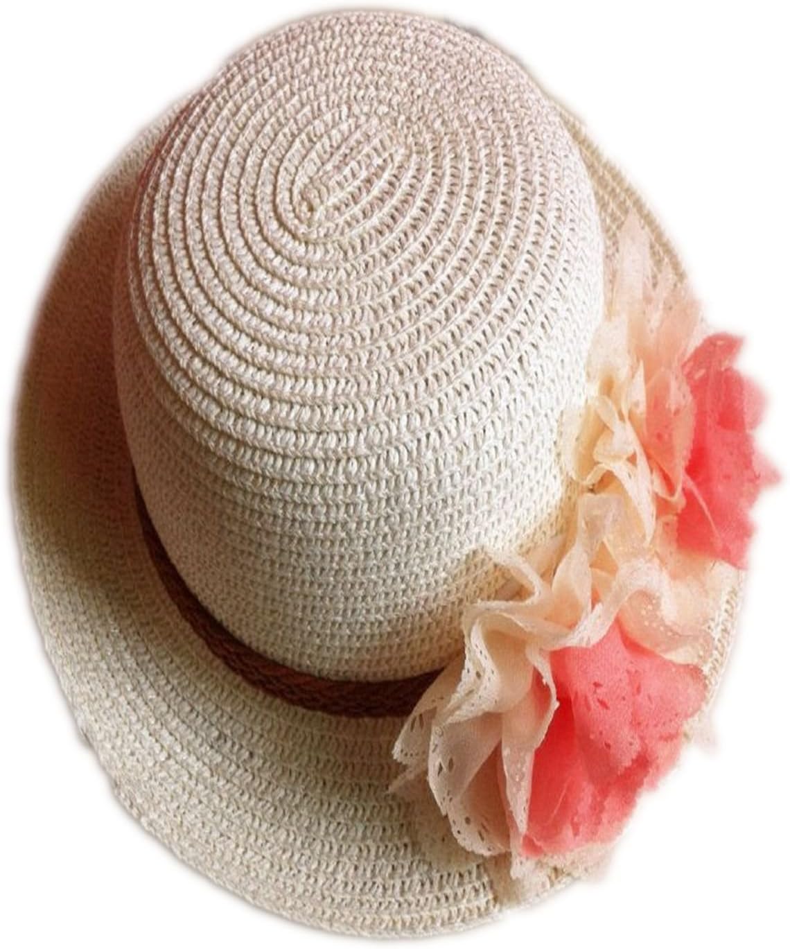 Rejected all traditions® Lightweight Cream White Floppy Two Flowers Straw Beach Sun Hat Cap for Kids Girls