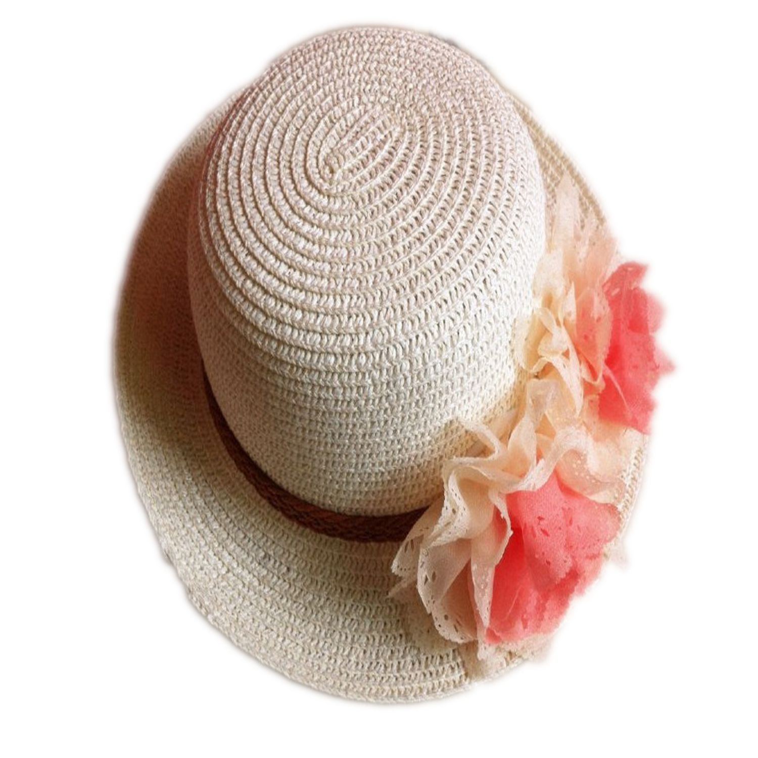 Rejected all traditions® Lightweight Cream White Floppy Two Flowers Straw Beach Sun Hat Cap for Kids Girls